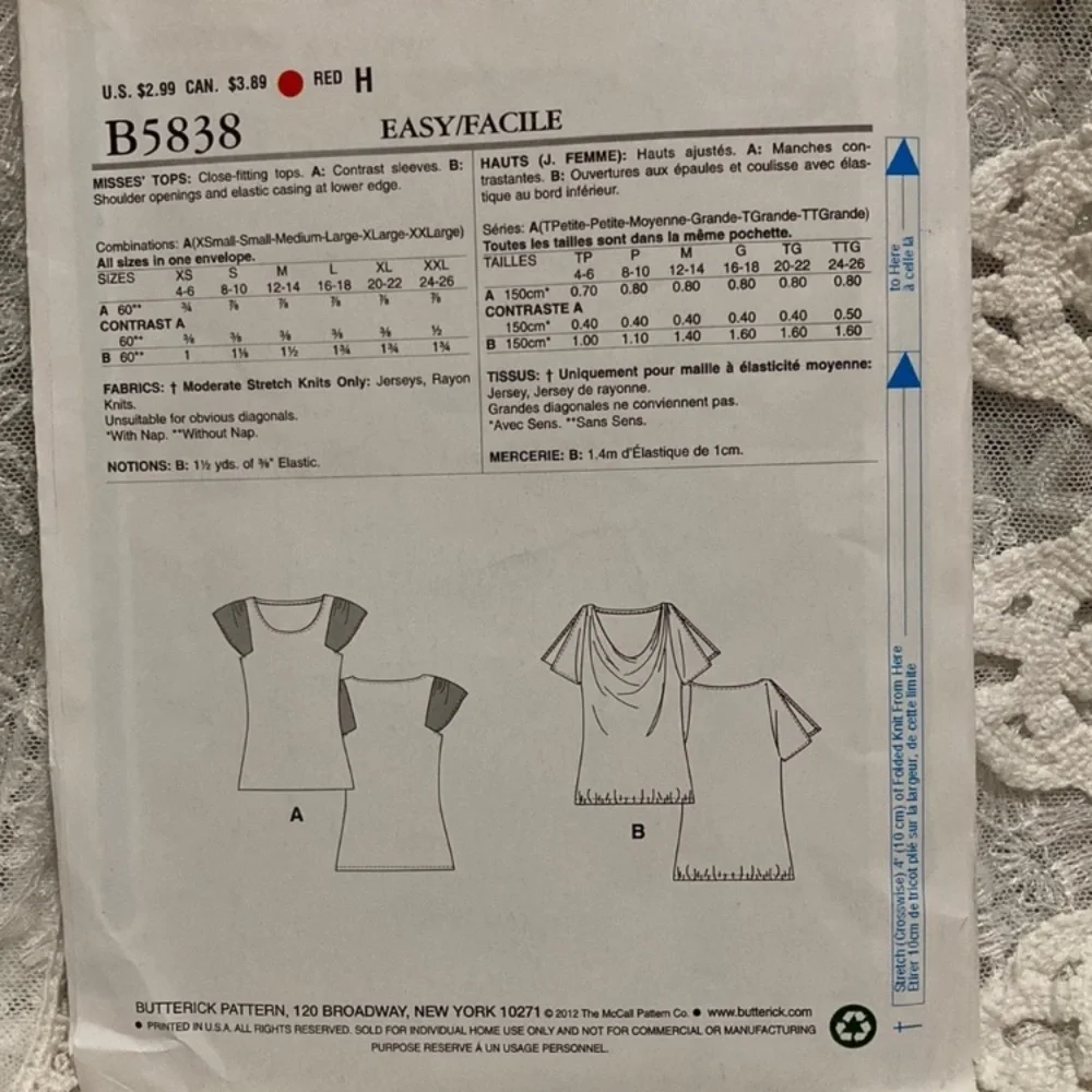 Sewing pattern for knit top, Butterick See & Sew B5838, ALL SIZES, XS-XXL